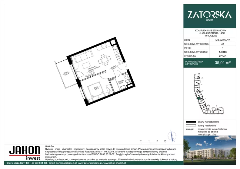 2 pokoje, mieszkanie 35,32 m², piętro 4, oferta nr A1.D63, Zatorska Home, Wrocław, Psie Pole-Zawidawie, Zakrzów, ul. Zatorska 146-150