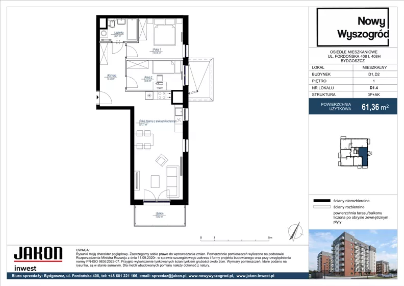 3 pokoje, mieszkanie 61,36 m², piętro 1, oferta nr D1.4, Nowy Wyszogród, Bydgoszcz, Stary Fordon, ul. Fordońska 408