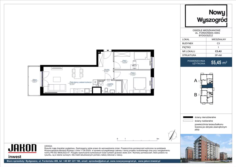 3 pokoje, mieszkanie 55,45 m², piętro 1, oferta nr C3.A3, Nowy Wyszogród, Bydgoszcz, Stary Fordon, ul. Fordońska 408