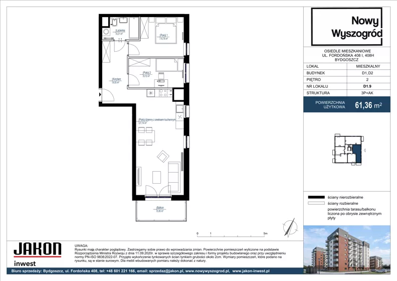 3 pokoje, mieszkanie 61,36 m², piętro 2, oferta nr D1.9, Nowy Wyszogród, Bydgoszcz, Stary Fordon, ul. Fordońska 408