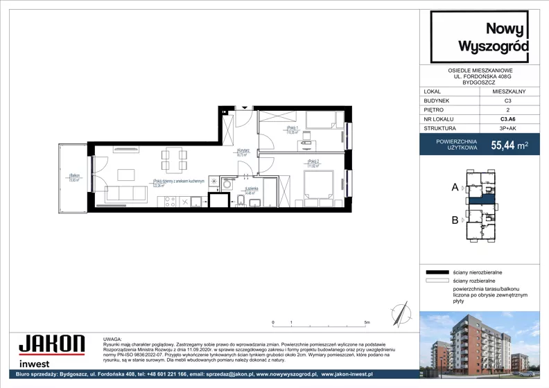 3 pokoje, mieszkanie 55,44 m², piętro 2, oferta nr C3.A6, Nowy Wyszogród, Bydgoszcz, Stary Fordon, ul. Fordońska 408