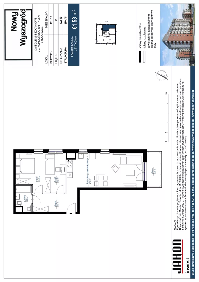 3 pokoje, mieszkanie 61,53 m², piętro 2, oferta nr D2.10, Nowy Wyszogród, Bydgoszcz, Stary Fordon, ul. Fordońska 408