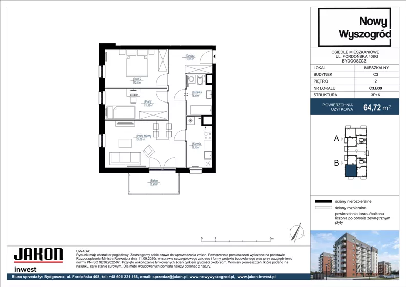 3 pokoje, mieszkanie 64,72 m², piętro 2, oferta nr C3.B39, Nowy Wyszogród, Bydgoszcz, Stary Fordon, ul. Fordońska 408