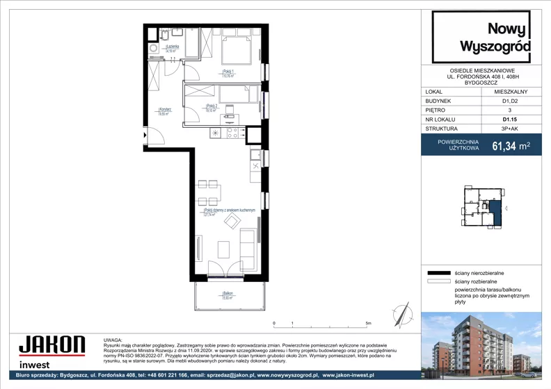 3 pokoje, mieszkanie 61,34 m², piętro 3, oferta nr D1.15, Nowy Wyszogród, Bydgoszcz, Stary Fordon, ul. Fordońska 408