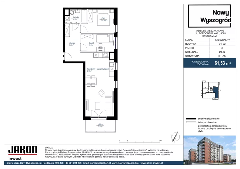 3 pokoje, mieszkanie 61,53 m², piętro 3, oferta nr D2.16, Nowy Wyszogród, Bydgoszcz, Stary Fordon, ul. Fordońska 408