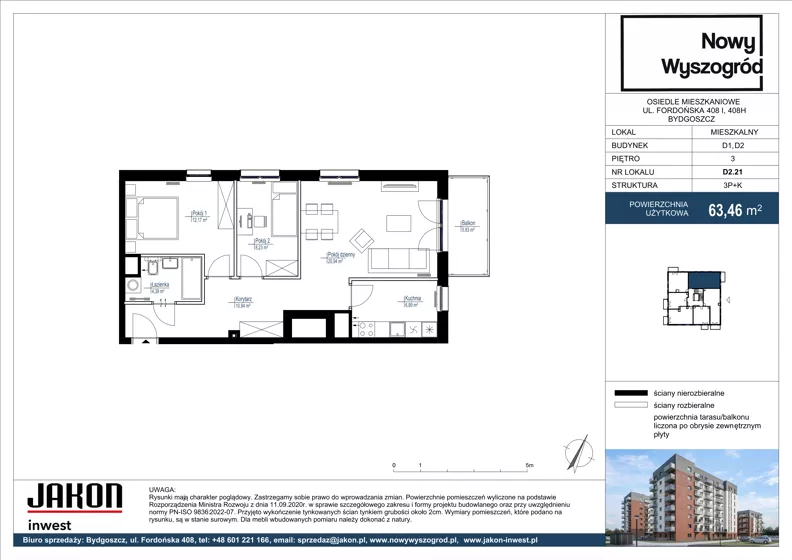 3 pokoje, mieszkanie 63,46 m², piętro 3, oferta nr D2.21, Nowy Wyszogród, Bydgoszcz, Stary Fordon, ul. Fordońska 408