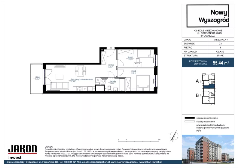 3 pokoje, mieszkanie 55,44 m², piętro 3, oferta nr C3.A10, Nowy Wyszogród, Bydgoszcz, Stary Fordon, ul. Fordońska 408