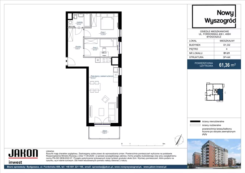 3 pokoje, mieszkanie 61,36 m², piętro 4, oferta nr D1.21, Nowy Wyszogród, Bydgoszcz, Stary Fordon, ul. Fordońska 408
