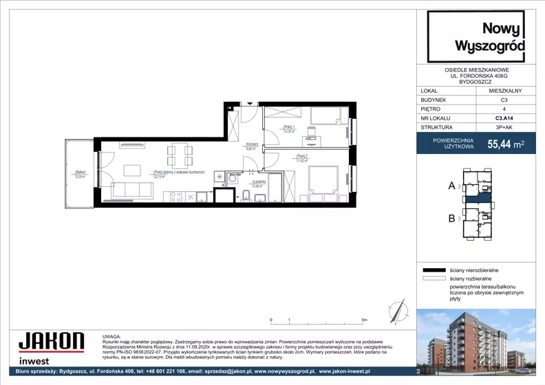 3 pokoje, mieszkanie 55,44 m², piętro 4, oferta nr C3.A14, Nowy Wyszogród, Bydgoszcz, Stary Fordon, ul. Fordońska 408