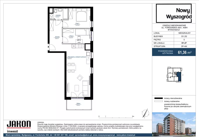3 pokoje, mieszkanie 61,36 m², piętro 5, oferta nr D1.27, Nowy Wyszogród, Bydgoszcz, Stary Fordon, ul. Fordońska 408