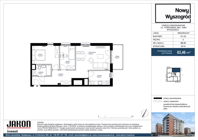 3 pokoje, mieszkanie 63,46 m², piętro 5, oferta nr D2.33, Nowy Wyszogród, Bydgoszcz, Stary Fordon, ul. Fordońska 408