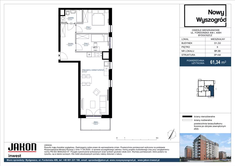 3 pokoje, mieszkanie 61,34 m², piętro 6, oferta nr D1.33, Nowy Wyszogród, Bydgoszcz, Stary Fordon, ul. Fordońska 408