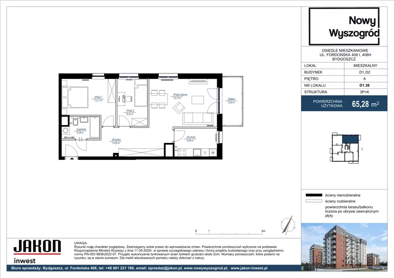 3 pokoje, mieszkanie 65,28 m², piętro 6, oferta nr D1.38, Nowy Wyszogród, Bydgoszcz, Stary Fordon, ul. Fordońska 408