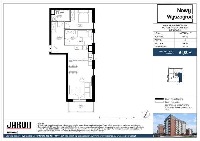 3 pokoje, mieszkanie 61,56 m², piętro 6, oferta nr D2.34, Nowy Wyszogród, Bydgoszcz, Stary Fordon, ul. Fordońska 408