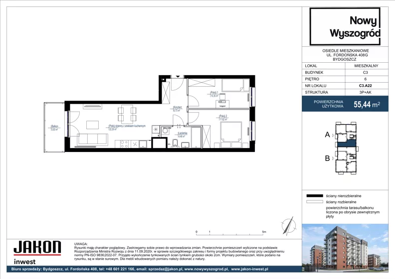 3 pokoje, mieszkanie 55,44 m², piętro 6, oferta nr C3.A22, Nowy Wyszogród, Bydgoszcz, Stary Fordon, ul. Fordońska 408