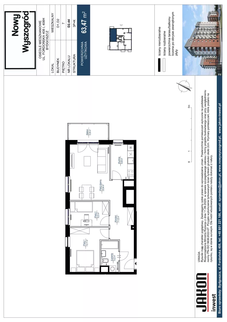 3 pokoje, mieszkanie 63,47 m², piętro 7, oferta nr D2.44, Nowy Wyszogród, Bydgoszcz, Stary Fordon, ul. Fordońska 408