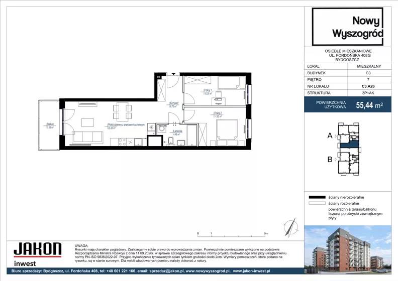 3 pokoje, mieszkanie 55,44 m², piętro 7, oferta nr C3.A26, Nowy Wyszogród, Bydgoszcz, Stary Fordon, ul. Fordońska 408