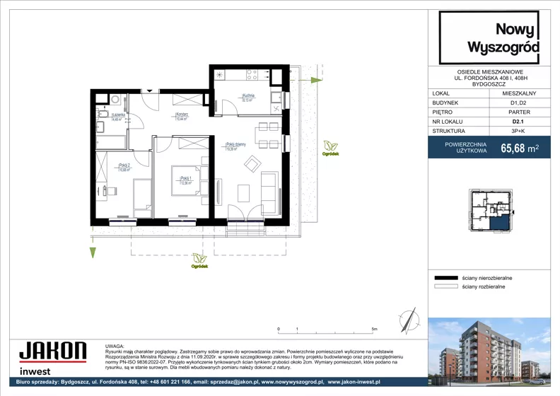 3 pokoje, mieszkanie 65,68 m², parter, oferta nr D2.1, Nowy Wyszogród, Bydgoszcz, Stary Fordon, ul. Fordońska 408