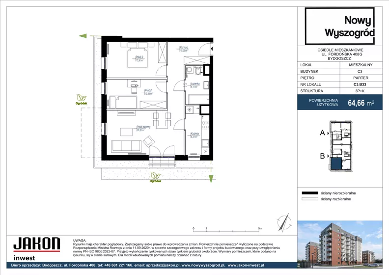 3 pokoje, mieszkanie 64,66 m², parter, oferta nr C3.B33, Nowy Wyszogród, Bydgoszcz, Stary Fordon, ul. Fordońska 408