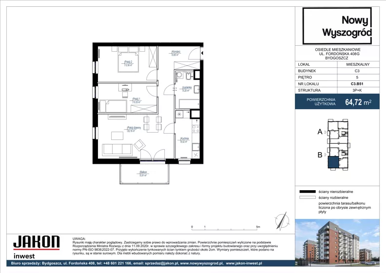 3 pokoje, mieszkanie 64,72 m², piętro 5, oferta nr C3.B51, Nowy Wyszogród, Bydgoszcz, Stary Fordon, ul. Fordońska 408