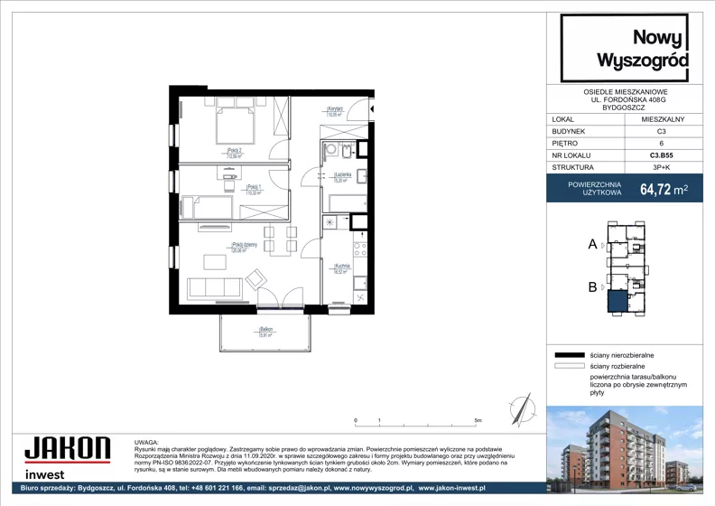 3 pokoje, mieszkanie 64,72 m², piętro 6, oferta nr C3.B55, Nowy Wyszogród, Bydgoszcz, Stary Fordon, ul. Fordońska 408