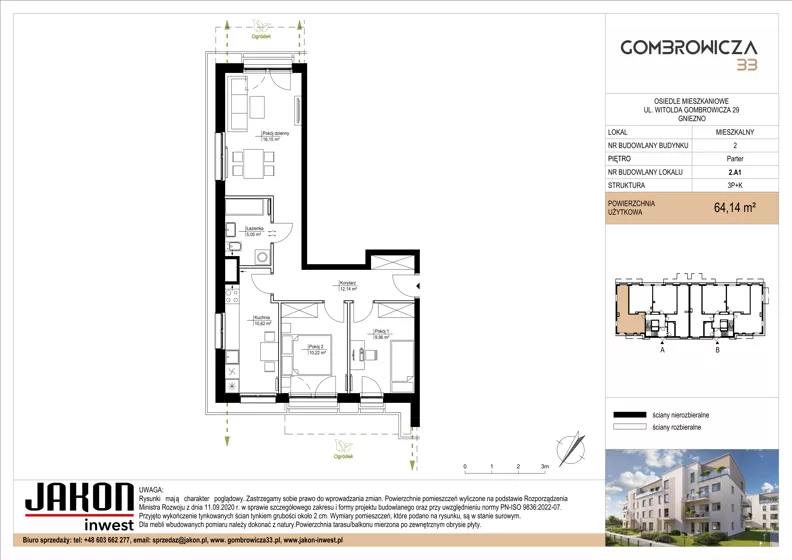 3 pokoje, mieszkanie 64,14 m², parter, oferta nr 2.A1, Gombrowicza 33, Gniezno, ul. Gombrowicza 33