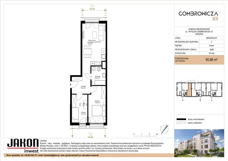 3 pokoje, mieszkanie 55,86 m², parter, oferta nr 3.A3, Gombrowicza 33, Gniezno, ul. Gombrowicza 33