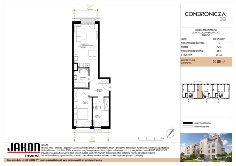 3 pokoje, mieszkanie 55,86 m², parter, oferta nr 3.B13, Gombrowicza 33, Gniezno, ul. Gombrowicza 33
