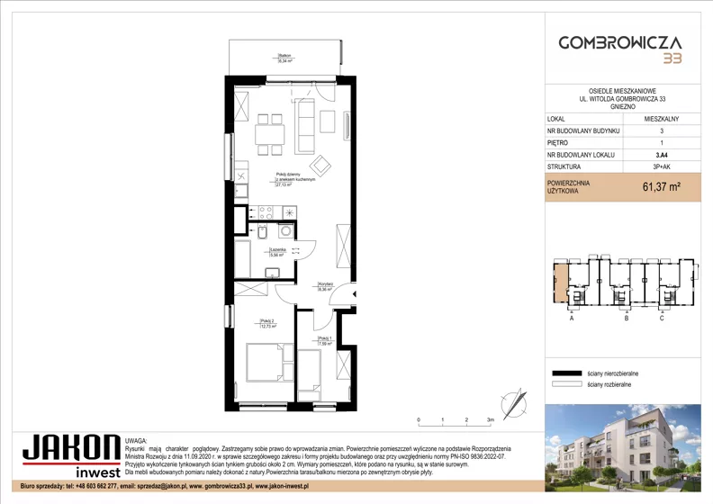 3 pokoje, mieszkanie 61,37 m², piętro 1, oferta nr 3.A4, Gombrowicza 33, Gniezno, ul. Gombrowicza 33