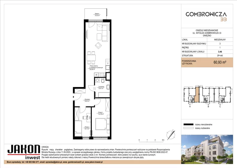 3 pokoje, mieszkanie 60,93 m², piętro 1, oferta nr 3.A6, Gombrowicza 33, Gniezno, ul. Gombrowicza 33