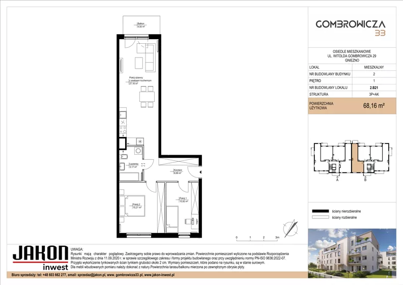 3 pokoje, mieszkanie 68,16 m², piętro 1, oferta nr 2.B21, Gombrowicza 33, Gniezno, ul. Gombrowicza 33