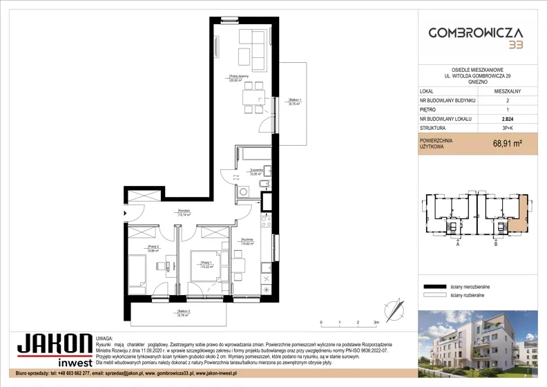 3 pokoje, mieszkanie 68,91 m², piętro 1, oferta nr 2.B24, Gombrowicza 33, Gniezno, ul. Gombrowicza 33