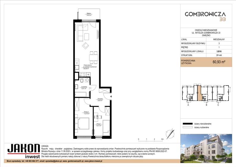 3 pokoje, mieszkanie 60,93 m², piętro 1, oferta nr 3.B16, Gombrowicza 33, Gniezno, ul. Gombrowicza 33