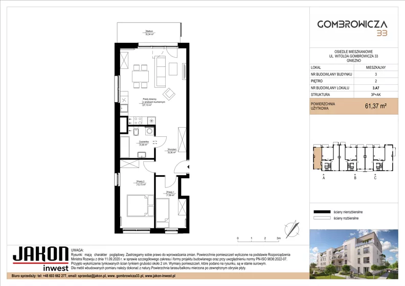 3 pokoje, mieszkanie 61,37 m², piętro 2, oferta nr 3.A7, Gombrowicza 33, Gniezno, ul. Gombrowicza 33