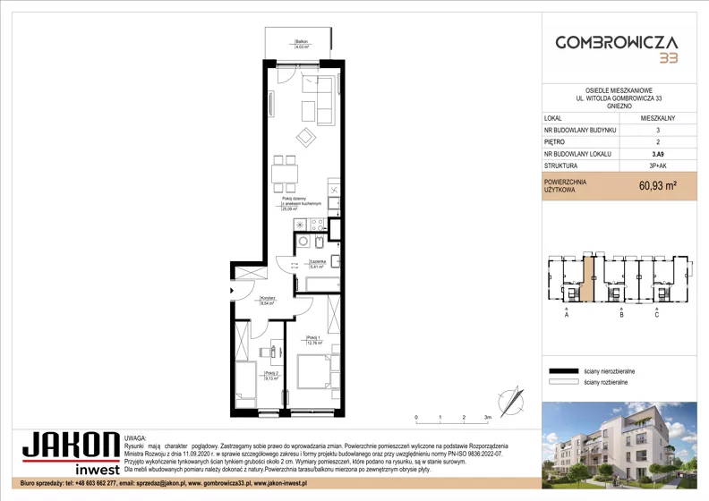 3 pokoje, mieszkanie 60,93 m², piętro 2, oferta nr 3.A9, Gombrowicza 33, Gniezno, ul. Gombrowicza 33