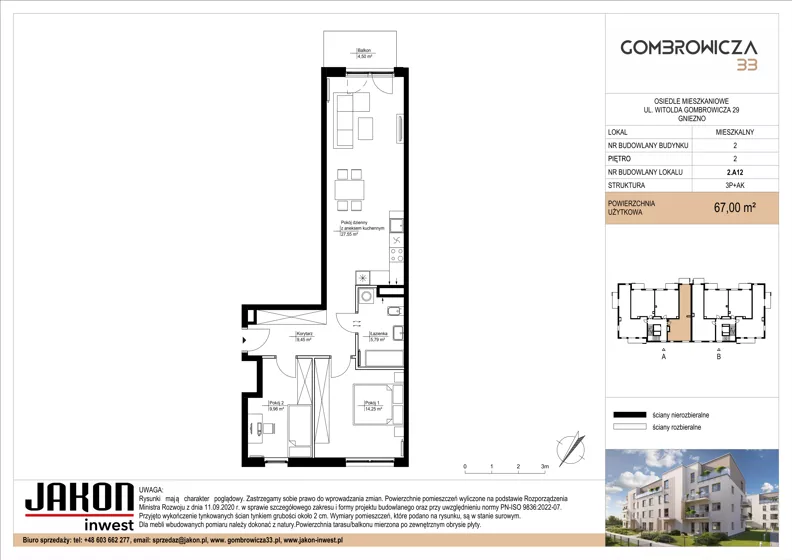 3 pokoje, mieszkanie 67,00 m², piętro 2, oferta nr 2.A12, Gombrowicza 33, Gniezno, ul. Gombrowicza 33