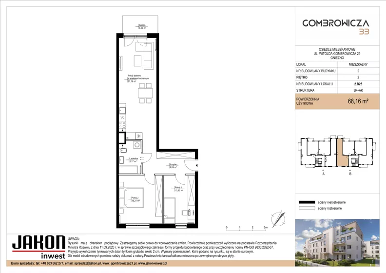 3 pokoje, mieszkanie 68,16 m², piętro 2, oferta nr 2.B25, Gombrowicza 33, Gniezno, ul. Gombrowicza 33
