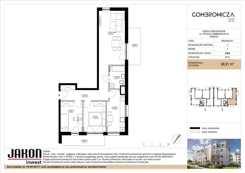 3 pokoje, mieszkanie 68,91 m², piętro 2, oferta nr 2.B28, Gombrowicza 33, Gniezno, ul. Gombrowicza 33