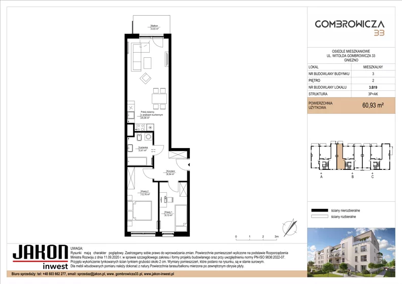 3 pokoje, mieszkanie 60,93 m², piętro 2, oferta nr 3.B19, Gombrowicza 33, Gniezno, ul. Gombrowicza 33
