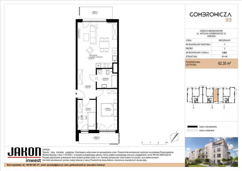 3 pokoje, mieszkanie 62,35 m², piętro 2, oferta nr 3.B21, Gombrowicza 33, Gniezno, ul. Gombrowicza 33