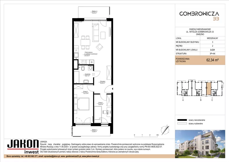 3 pokoje, mieszkanie 62,34 m², piętro 2, oferta nr 3.C31, Gombrowicza 33, Gniezno, ul. Gombrowicza 33