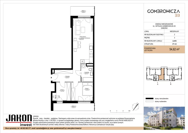 3 pokoje, mieszkanie 54,62 m², piętro 3, oferta nr 2.A16, Gombrowicza 33, Gniezno, ul. Gombrowicza 33