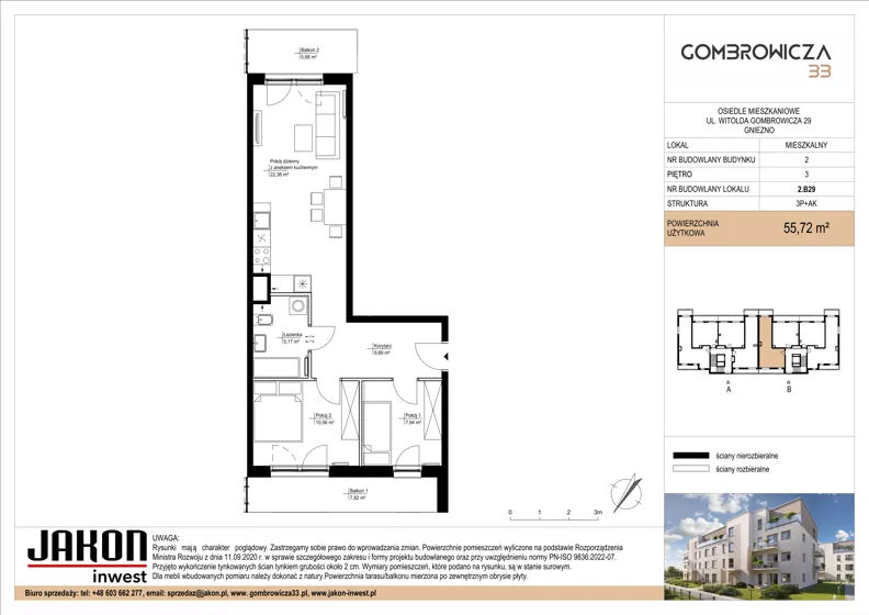 3 pokoje, mieszkanie 55,72 m², piętro 3, oferta nr 2.B29, Gombrowicza 33, Gniezno, ul. Gombrowicza 33