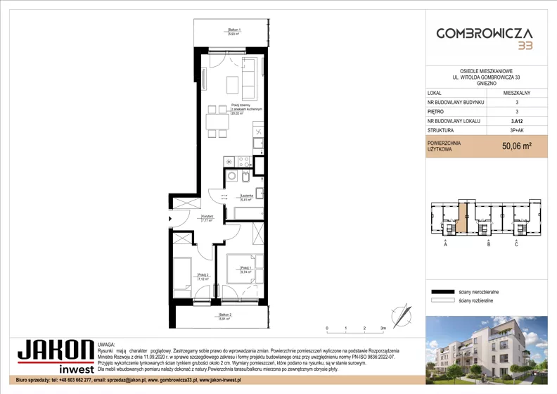 3 pokoje, mieszkanie 50,06 m², piętro 3, oferta nr 3.A12, Gombrowicza 33, Gniezno, ul. Gombrowicza 33
