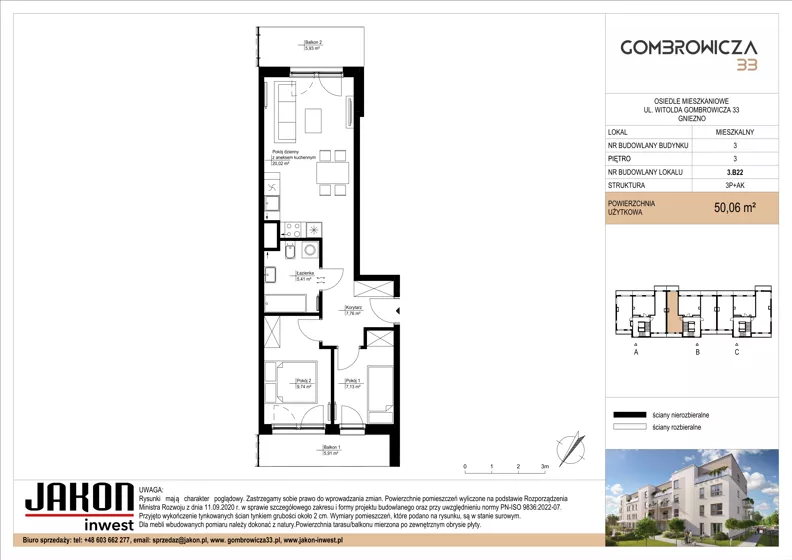 3 pokoje, mieszkanie 50,06 m², piętro 3, oferta nr 3.B22, Gombrowicza 33, Gniezno, ul. Gombrowicza 33