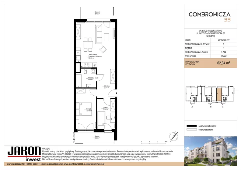 3 pokoje, mieszkanie 62,34 m², piętro 1, oferta nr 3.C28, Gombrowicza 33, Gniezno, ul. Gombrowicza 33