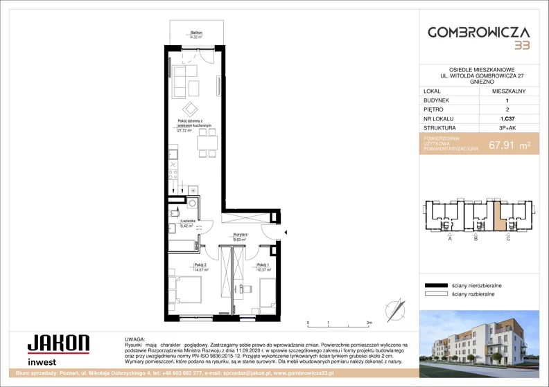 3 pokoje, mieszkanie 67,91 m², piętro 2, oferta nr 1.C37, Gombrowicza 33, Gniezno, ul. Gombrowicza 33