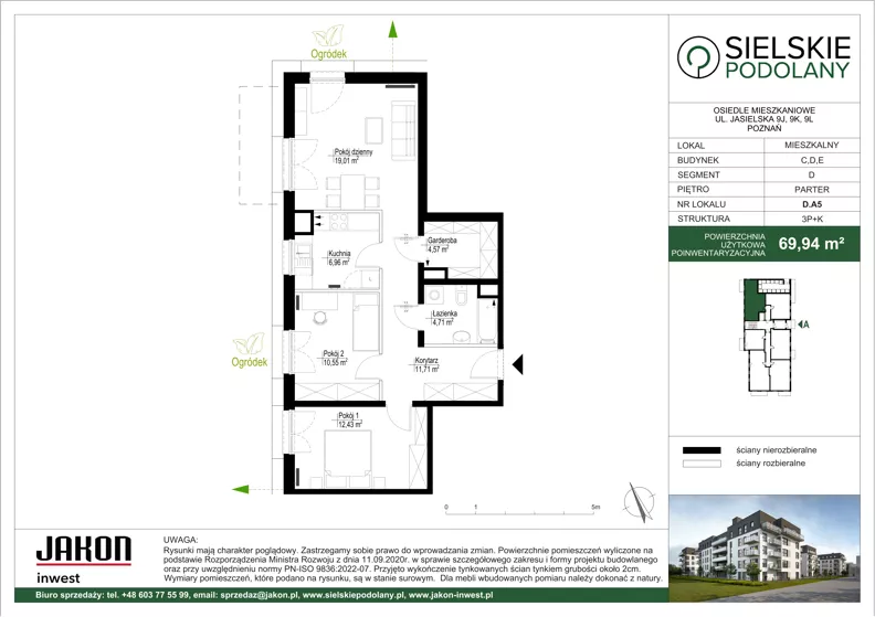 3 pokoje, mieszkanie 69,94 m², parter, oferta nr D.A5, Sielskie Podolany, Poznań, Podolany, Podolany, ul. Jasielska 9