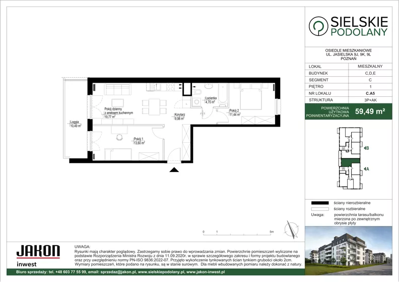 3 pokoje, mieszkanie 59,49 m², piętro 1, oferta nr C.A5, Sielskie Podolany, Poznań, Podolany, Podolany, ul. Jasielska 9