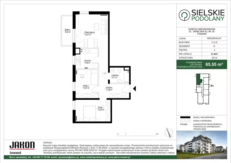 3 pokoje, mieszkanie 65,55 m², piętro 3, oferta nr D.A23, Sielskie Podolany, Poznań, Podolany, Podolany, ul. Jasielska 9